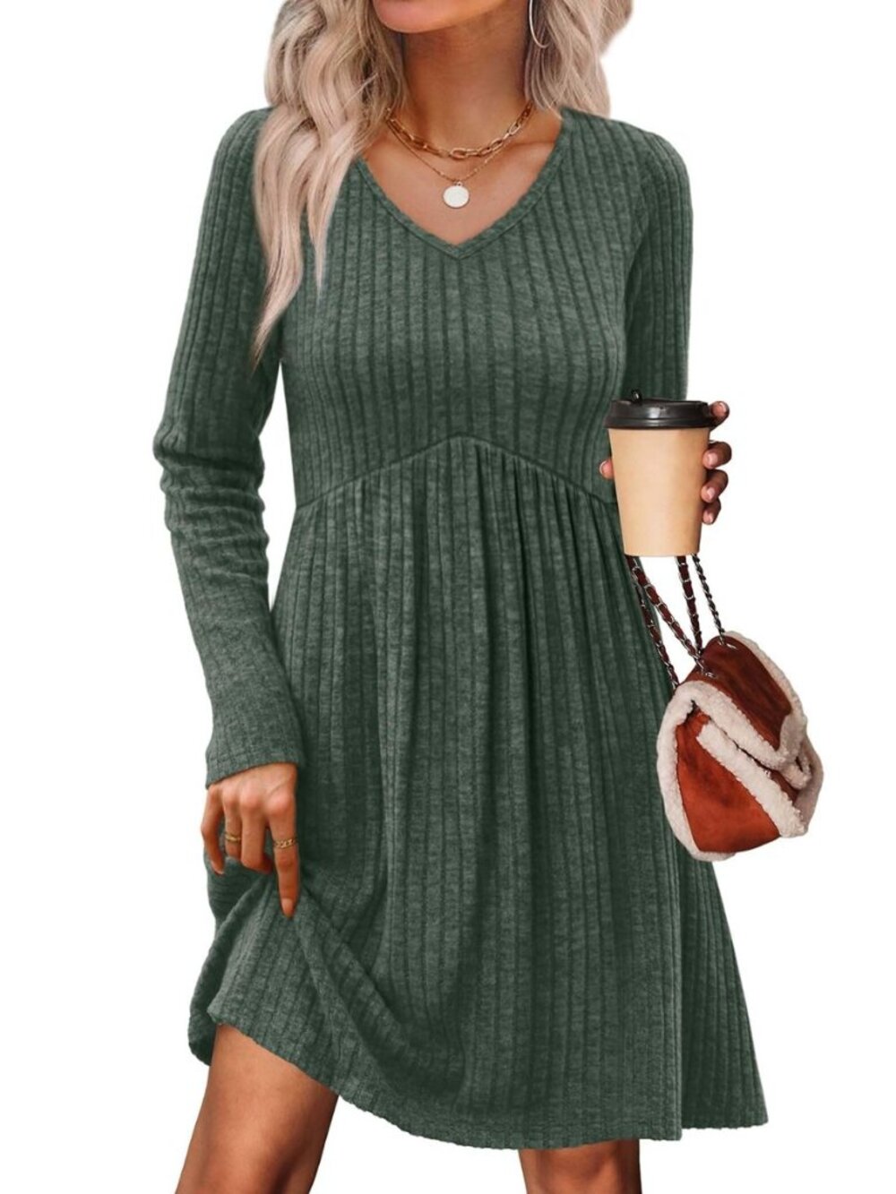 Long Sleeve Sweater Dress Fall Dresses 2025 V Neck Empire Waist Baby Doll